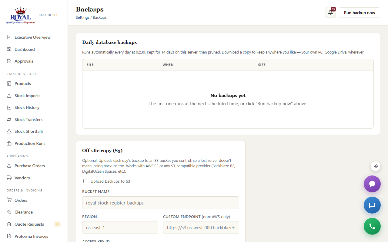 The Backups page listing each backup with its date, size and a download button