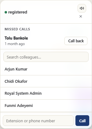 The calling panel with a searchable list of colleagues and a dial pad