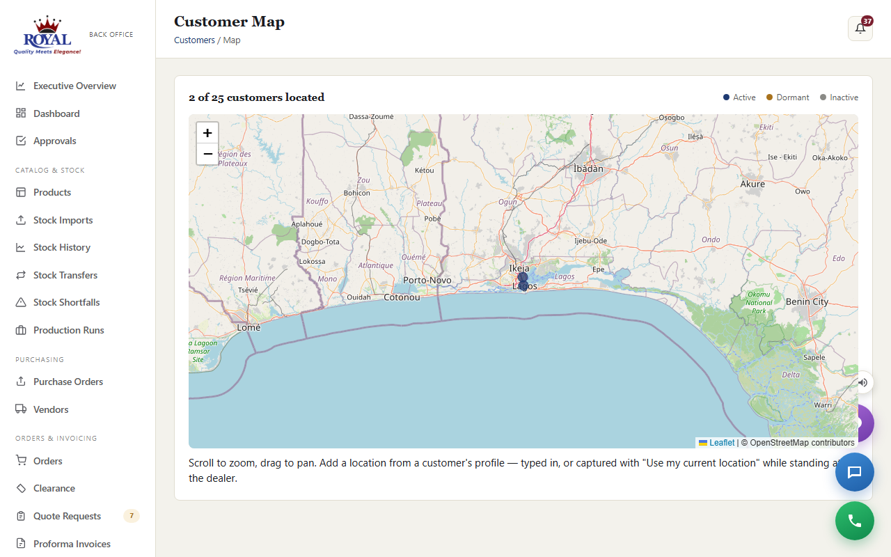 A map of Nigeria with pins for each located customer