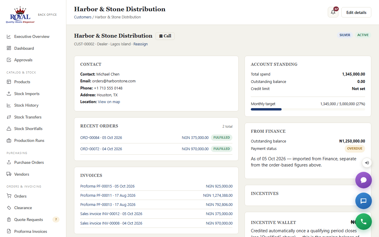 A dealer profile page showing the account standing, contact details with account manager, and recent orders