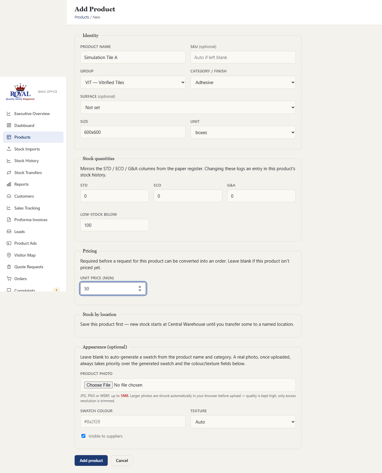 The Add Product form filled in with a name, group, category, size, and stock quantities