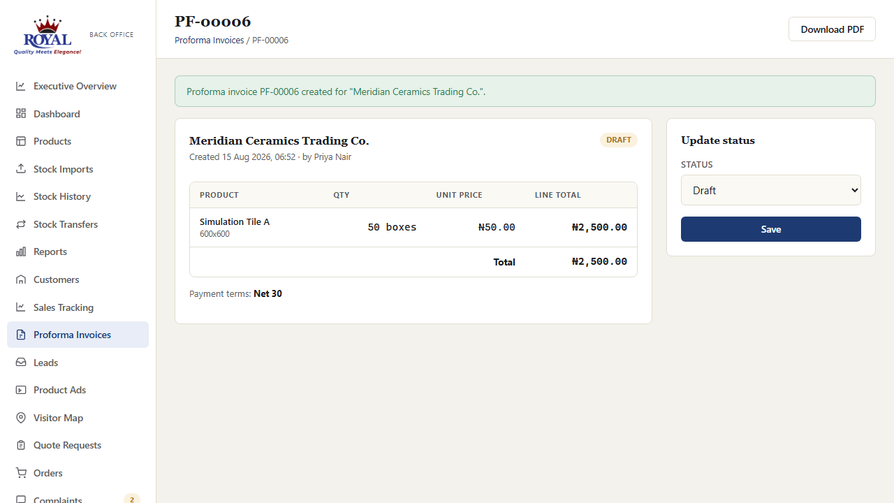 A generated proforma invoice, pre-filled from an order