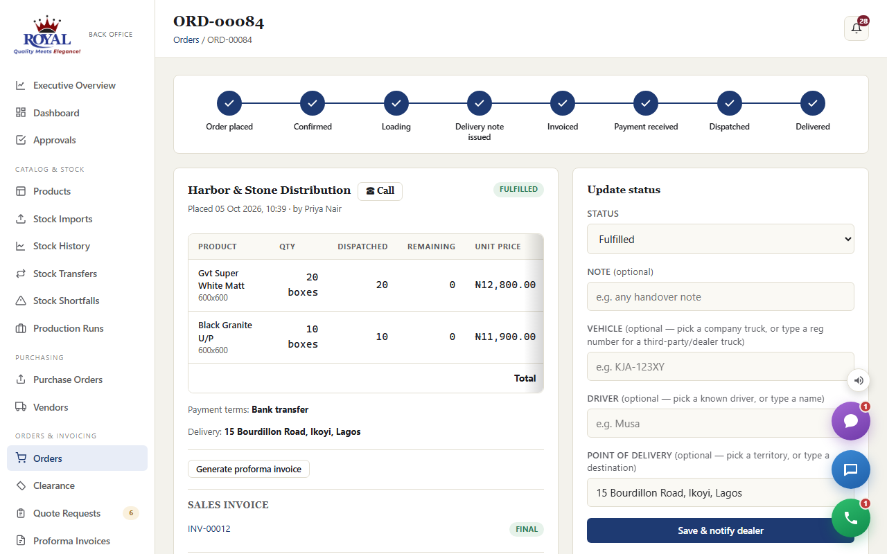 A sales invoice in the office showing the invoice number, dealer, delivered items with prices and the total