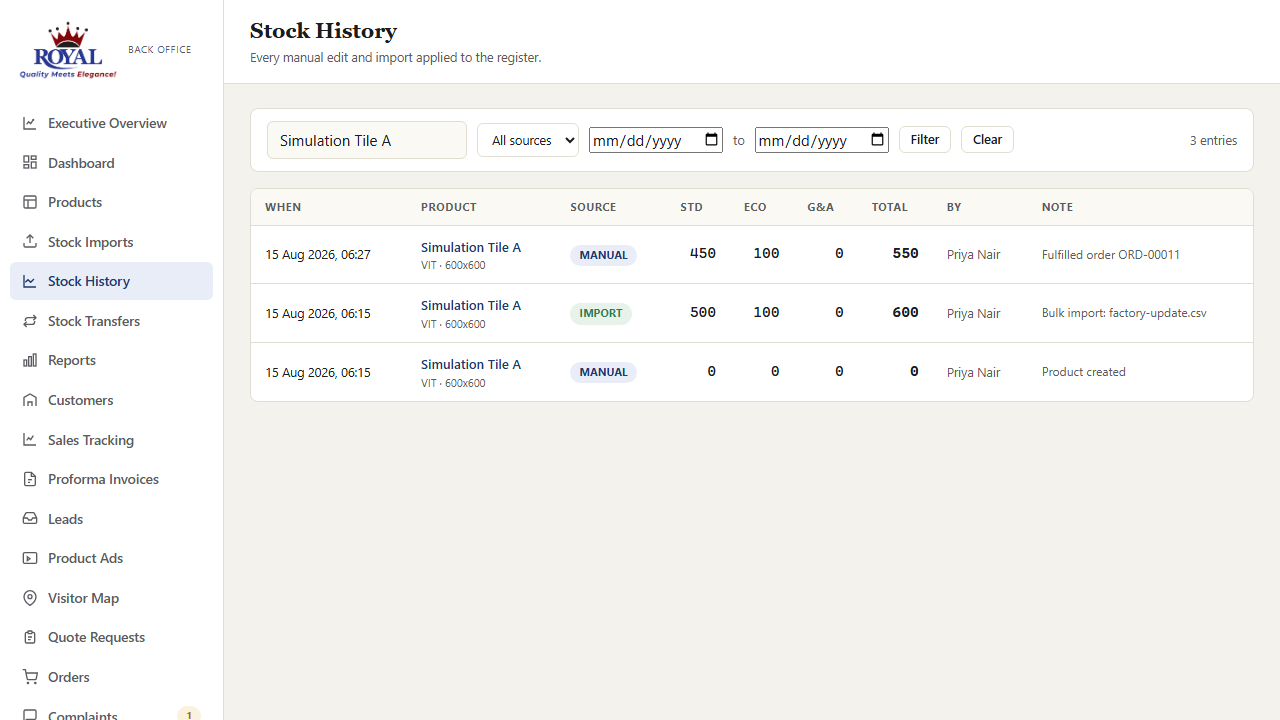 Stock History page showing three entries for one product: created, bulk import, and an order fulfillment deduction