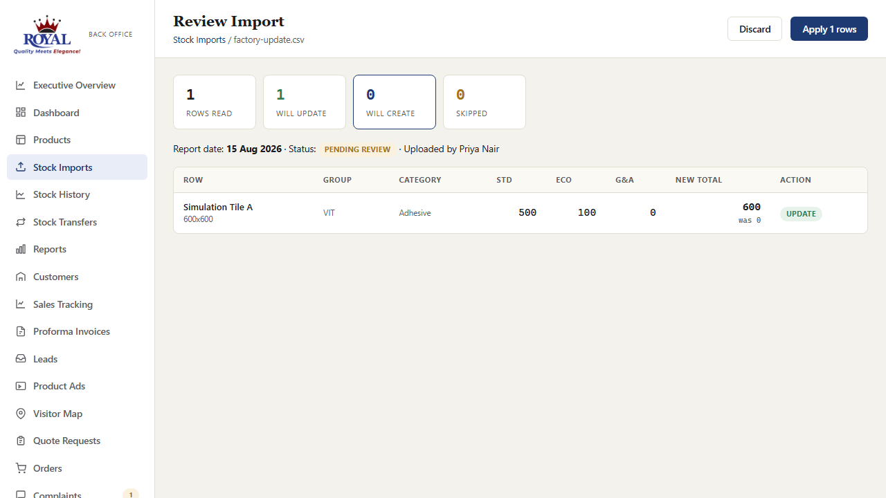 Import preview showing one row matched to an existing product, marked Update, with old and new totals