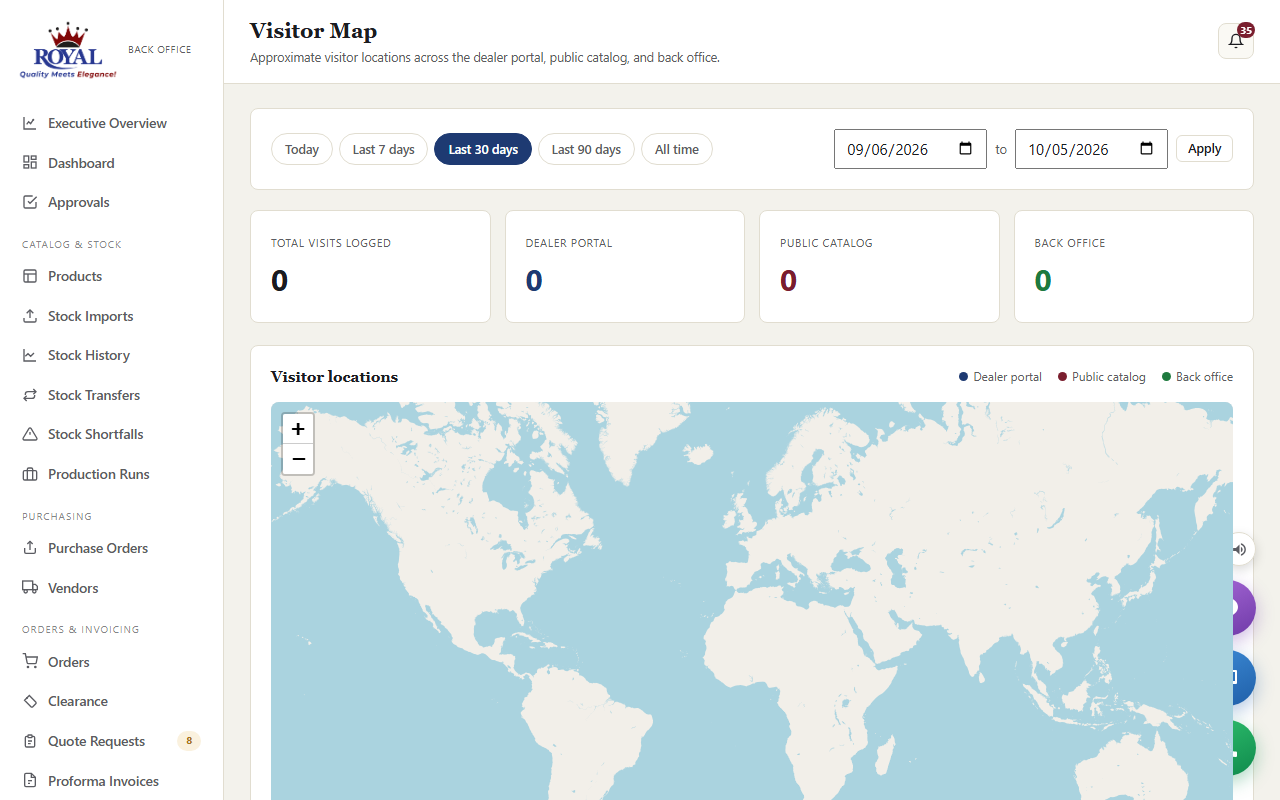 The Site Visits map showing where visitors are located, with a list of recent visits