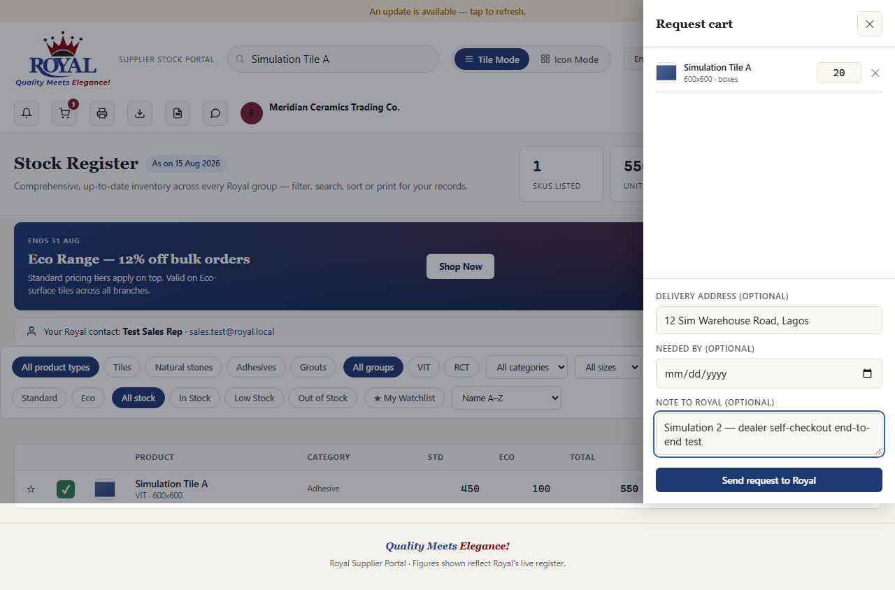 Request cart open with one product, quantity, delivery address, and a note filled in