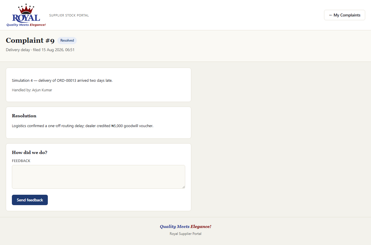 A resolved complaint showing the resolution text and a feedback form