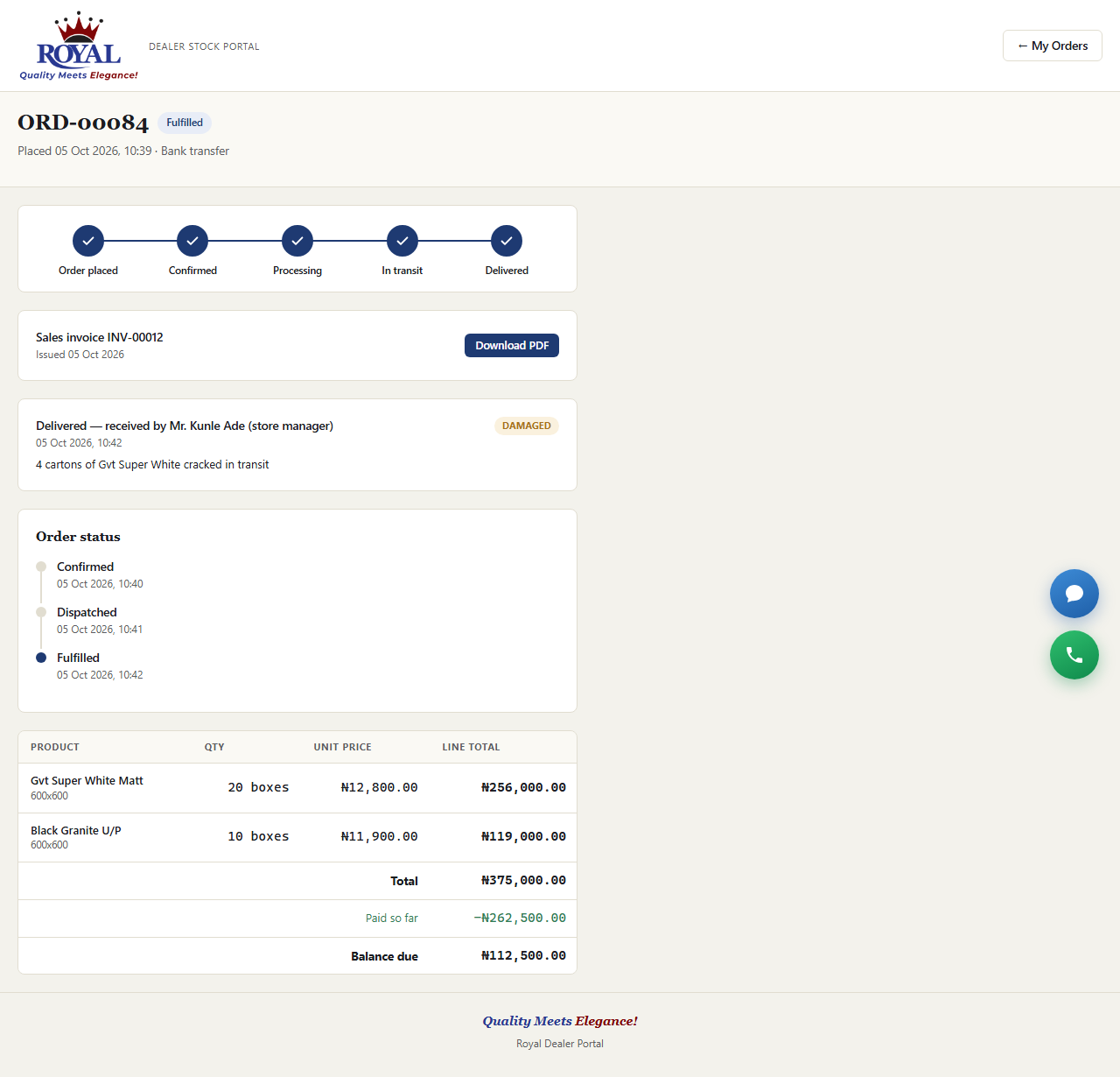 A dealer's order page in the portal showing the sales invoice download, order items, amount paid so far and balance due