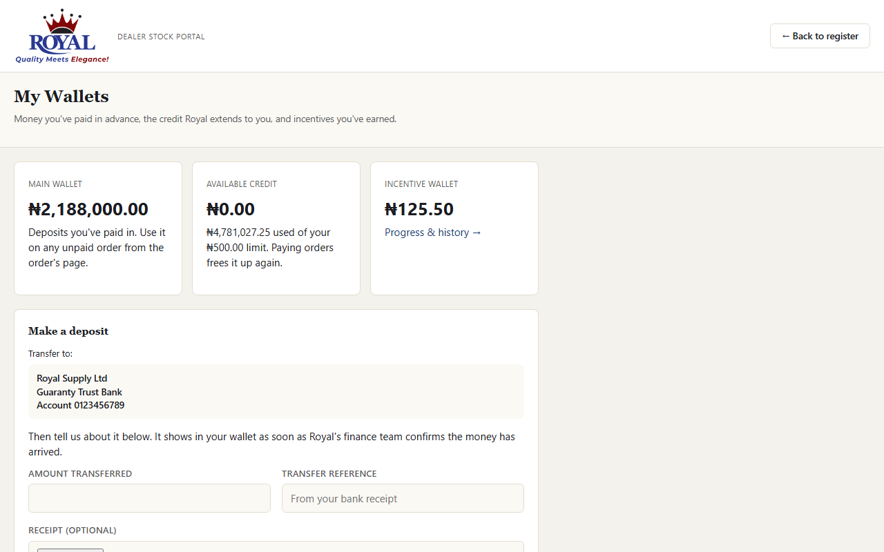 My Wallets page showing the main wallet, available credit and incentive wallet balances, and the deposit form with Royal's bank details